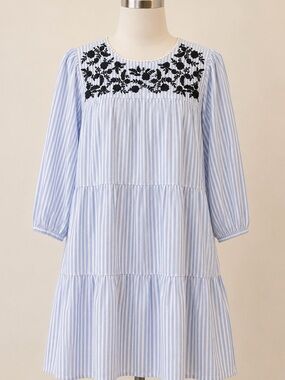 Crown & Ivy XL Blue White Stripe Embroidered Tiered A-Line Dress NWT